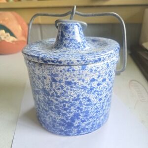 Vintage Blue & White Spongeware Stoneware Glazed Crock W/Metal Locking Handle